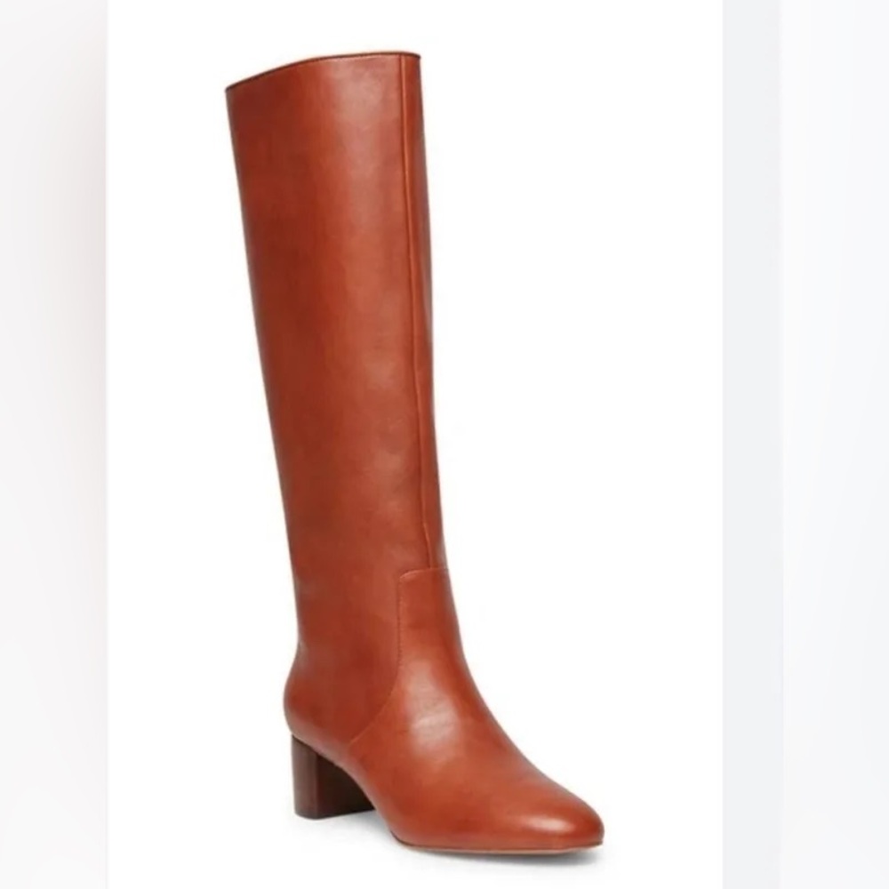 Brown leather knee-high women's block heel boots